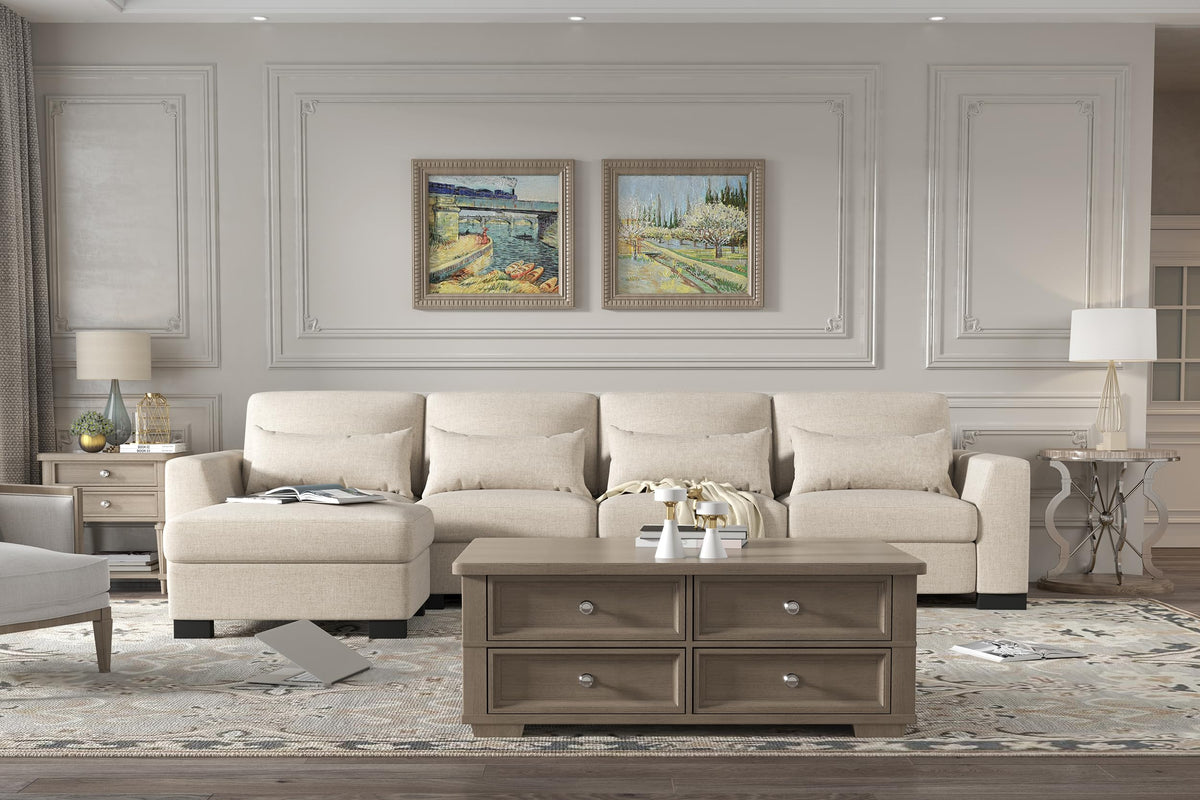 130" Beige Modular L Shaped Sofa with Storage Ottoman Spring Pack Cushion, Solid Wood Frame, Combination Design PU889