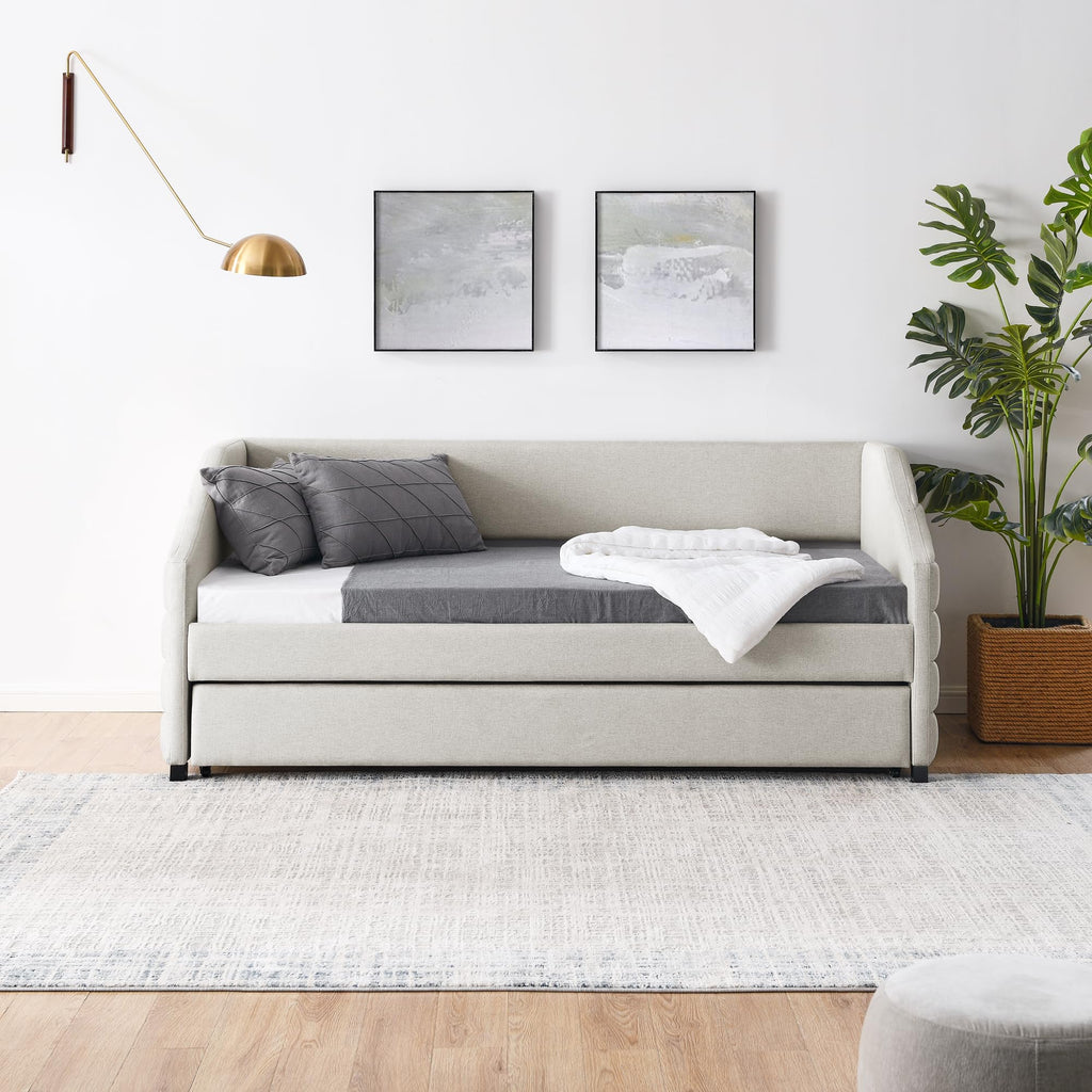 Twin Size Daybed with Trundle Upholstered Tufted Sofa Bed, Linen Fabric, Beige (82.5"x42.5"x34") YJ802