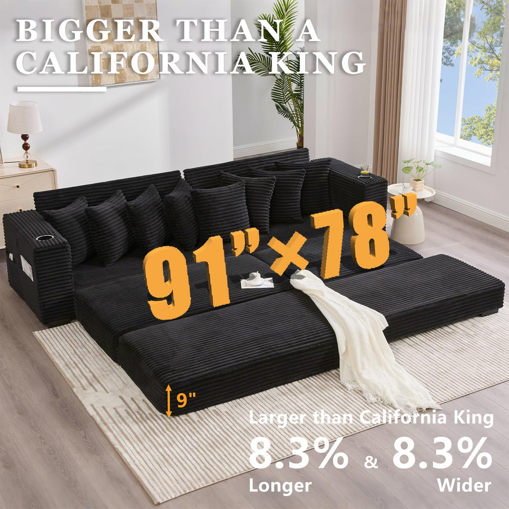 110.75'' Sleeper Sofa Bed King, Corduroy Modular Sectional Sofa, Black