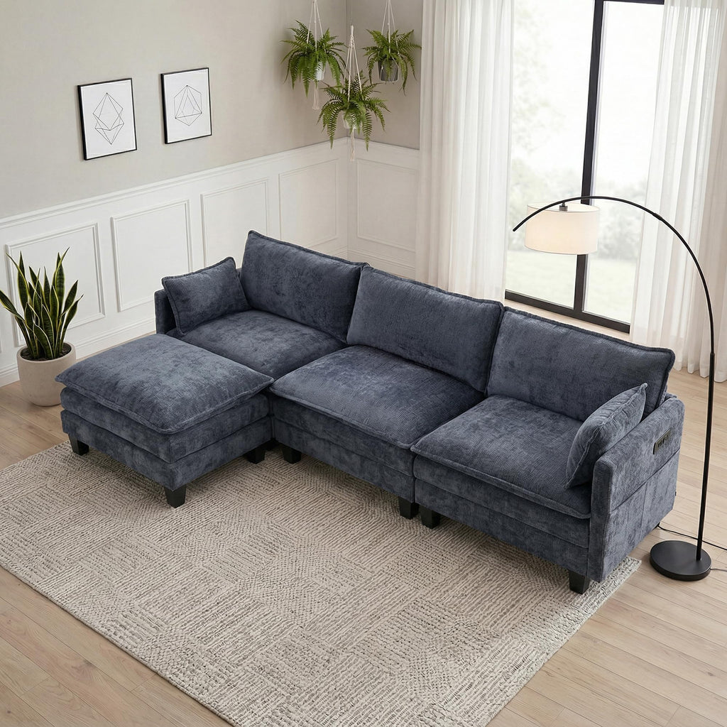 108.66" L Shaped Modular Sectional Couch, Comfy Chenille Upholstered Cloud Couches with Movable Ottoman for Living Room, Modern 3 Seater Sofa with Pillows for Apartment, Green