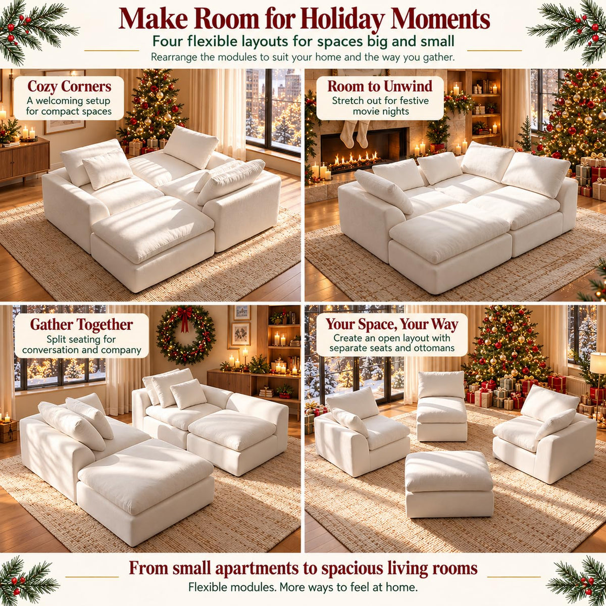 108" Boneless Cloud Couch, Modular L-Shaped Sectional with Ottoman, Beige
