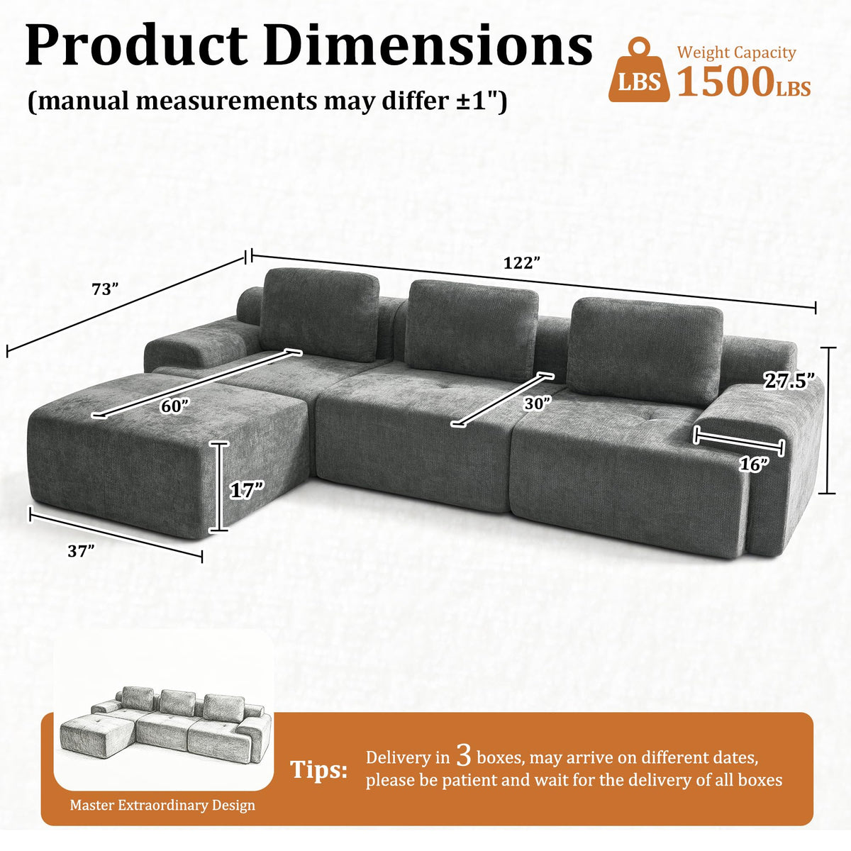 122" L-Shaped Modular Sectional Sofa, Oversized Boneless Cloud Couch for Living Room with Extra Deep Seat & High Back, Tool-Free No Assembly, Soft Chenille (Dark Grey, 122 inch-L Shaped（3+1）)