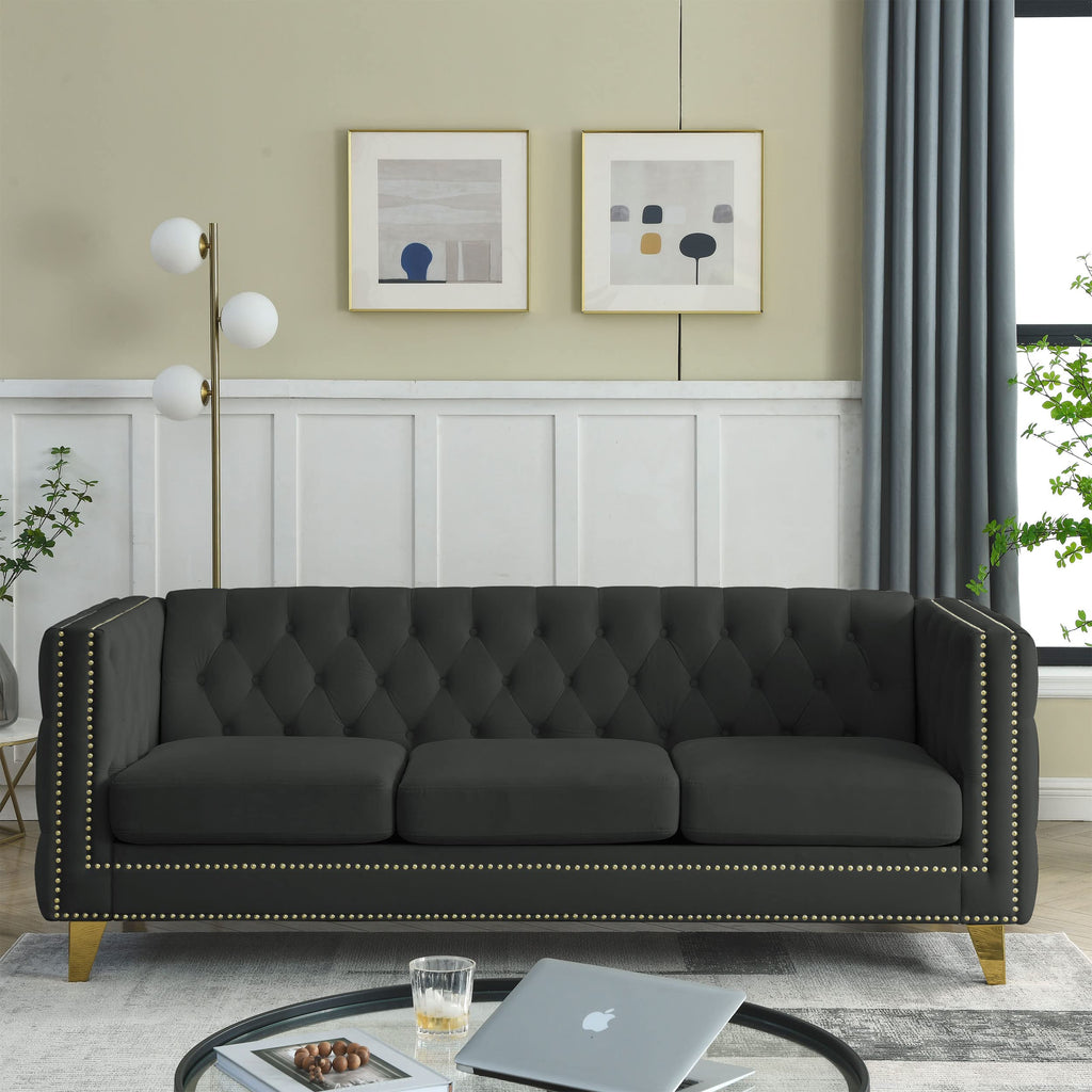Velvet Upholstered Sofa, Buttons Tufted Couch with Square Arms, Modern Living Room Sofa with Metal Legs, Black Velvet