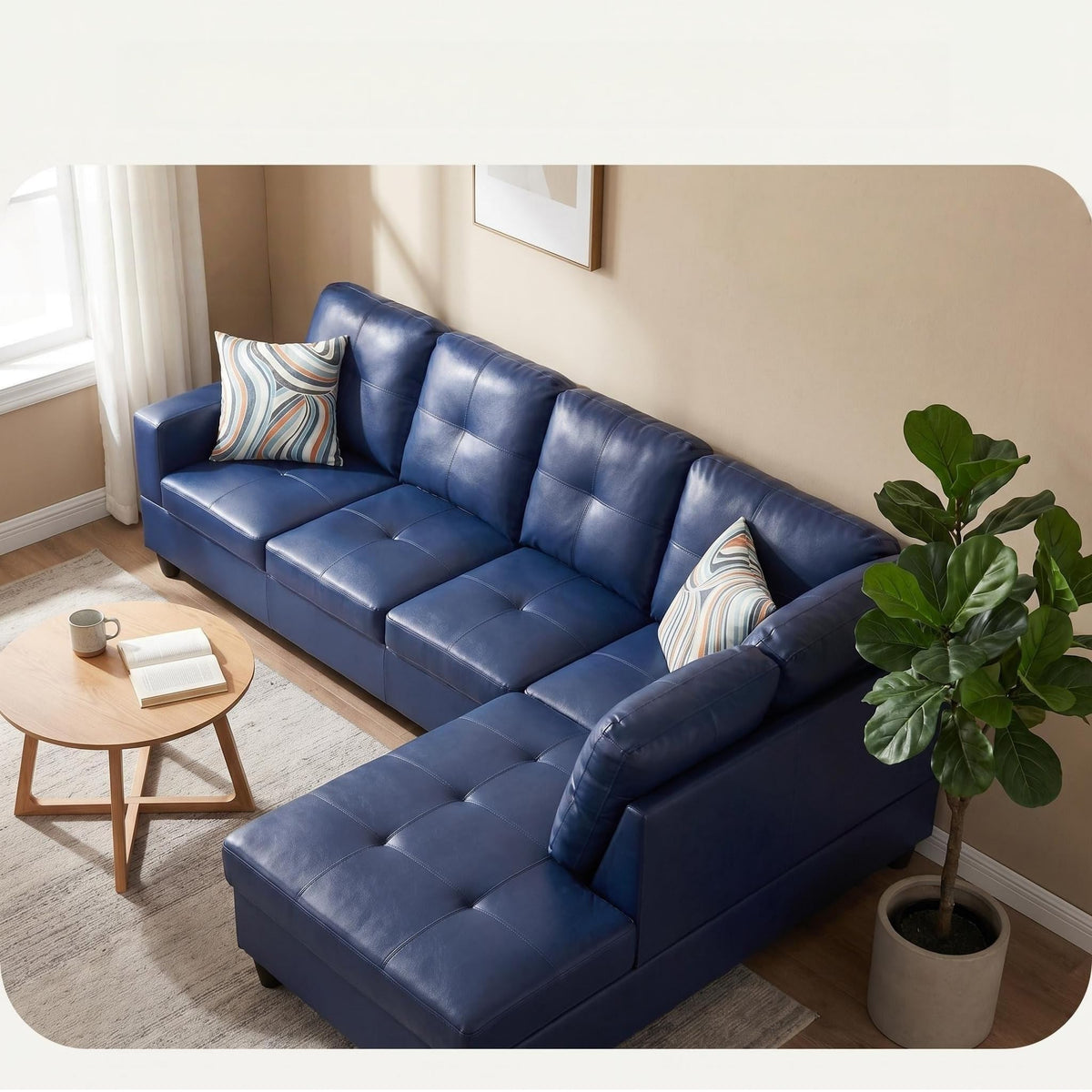 103.5" Sectional Couch with Movable Ottoman, L Shaped 4 Seater PU Faux Leather Sofa w/Chaise Lounge, Comfy Modern Modular Couch for Living Room, Apartment, White Stripes, Right, 3PCS