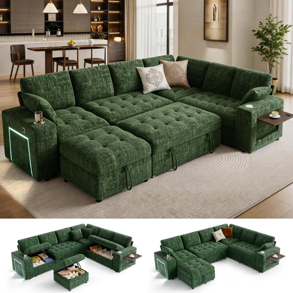 Vipbear 111" Sofa Bed, 7 Seat Modular Sectional Sleeper Sofa with Pull Out Bed, Chenille L Shaped Couch with Storage Ottoman|Cup Holders|Side Table|LED Light|USB Ports, Easy Assembly, Green