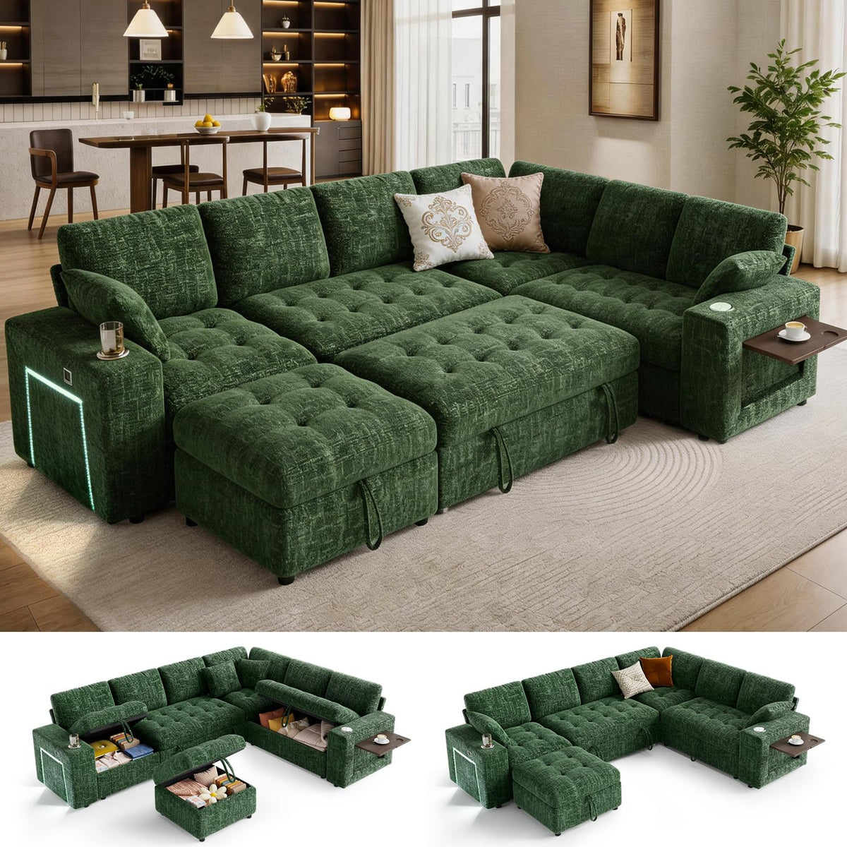 Vipbear 111" Sofa Bed, 7 Seat Modular Sectional Sleeper Sofa with Pull Out Bed, Chenille L Shaped Couch with Storage Ottoman|Cup Holders|Side Table|LED Light|USB Ports, Easy Assembly, Green