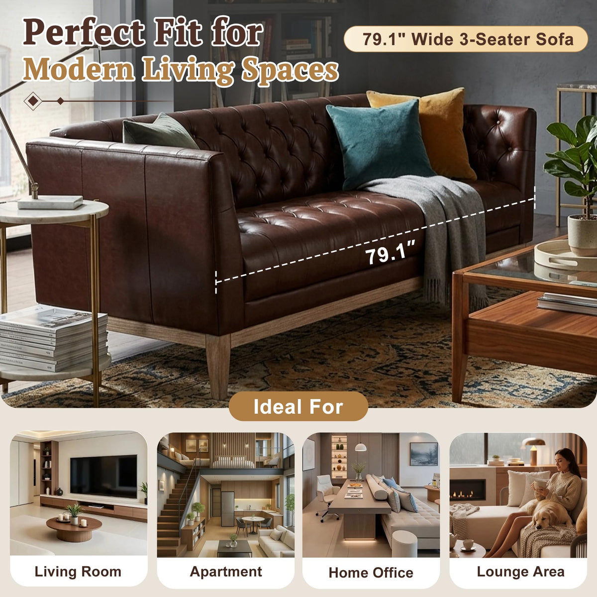 ZenithX 79.1" 3‑Seater Faux Leather Sofa, Mid‑Century Modern Chesterfield Couch with Button Tufted, PU Upholstery & Solid Pine Wood Legs, Vintage Sofa for Living Room, Apartment, Office
