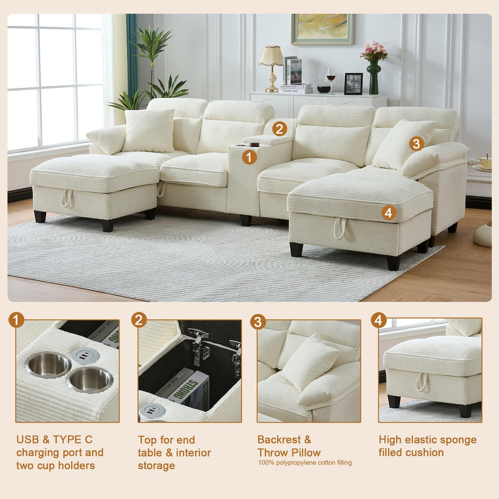 116 Inch Sofa Couch,Sectional Couches for Living Room with 2 Cup Holders,Corduroy Modular Sectional Sofa with Movable and Storable Ottoman.（Beige）