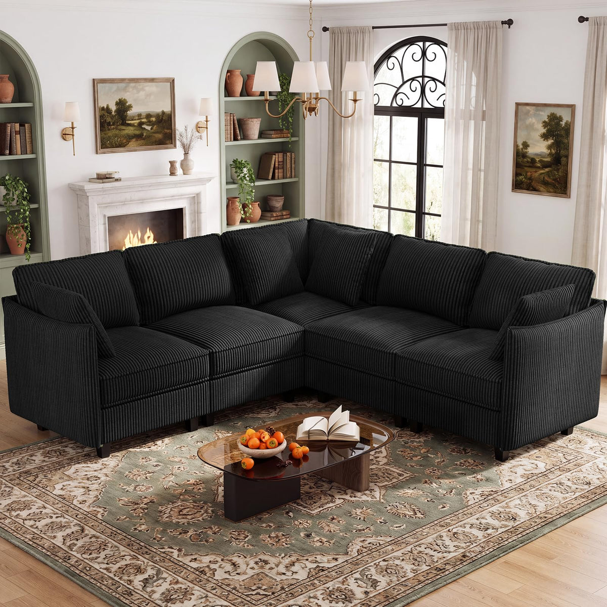 WorthFurni 84.8" Modular Sectional Sofa, 6 Seater Corner Sofa Modern V-Shaped Couch with 1 Storage Ottoman, Comfortable Corduroy Sofa with Throw Pillows for Living Room, Apartment, Green