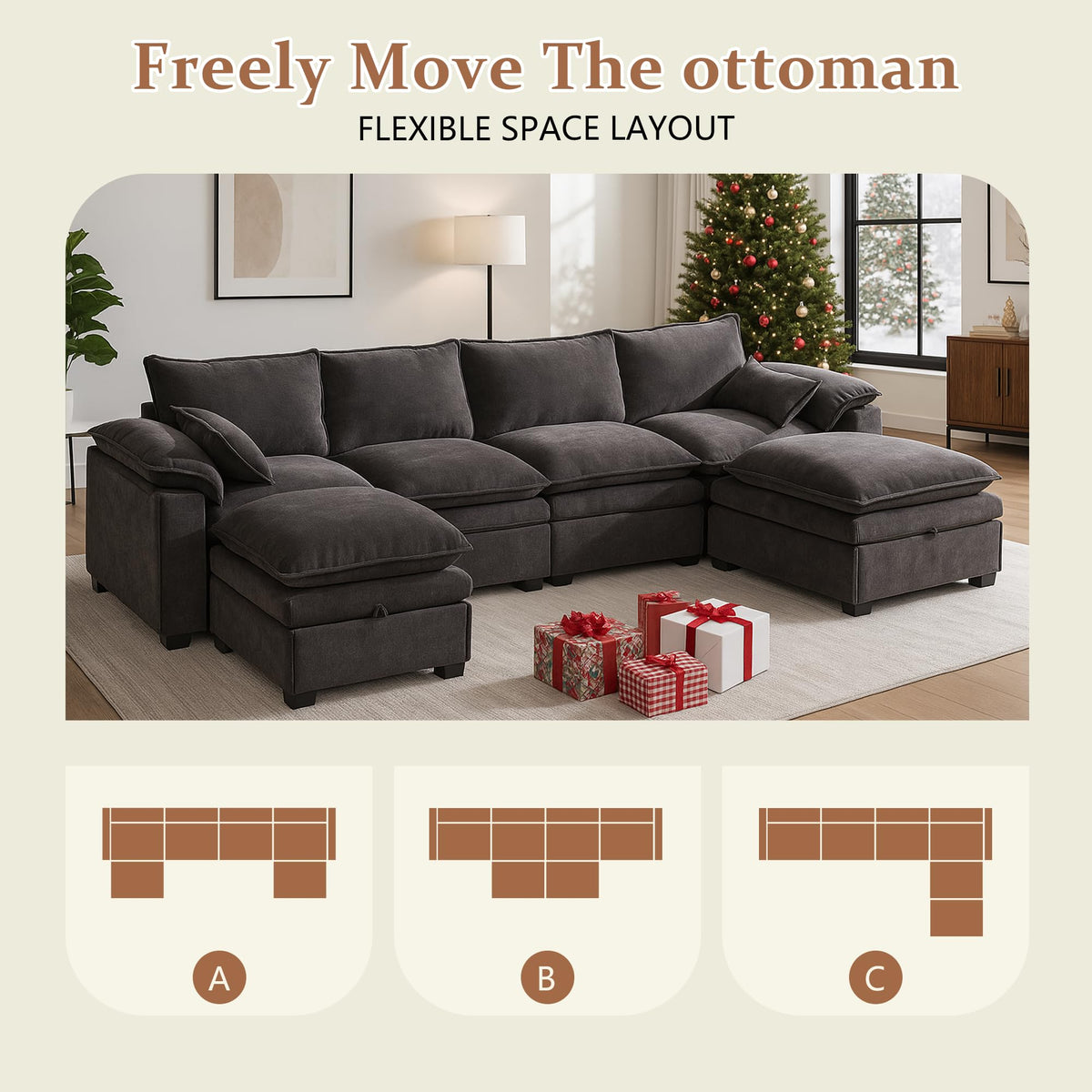 130" Modular Sectional Sofa with Storage, Premium Chenille Cloud Couch with Movable Ottomans, 1200lbs Heavy Duty Deep Seat Sectional, High-Density Foam (Gray, 4 Seater & 2 Ottoman)