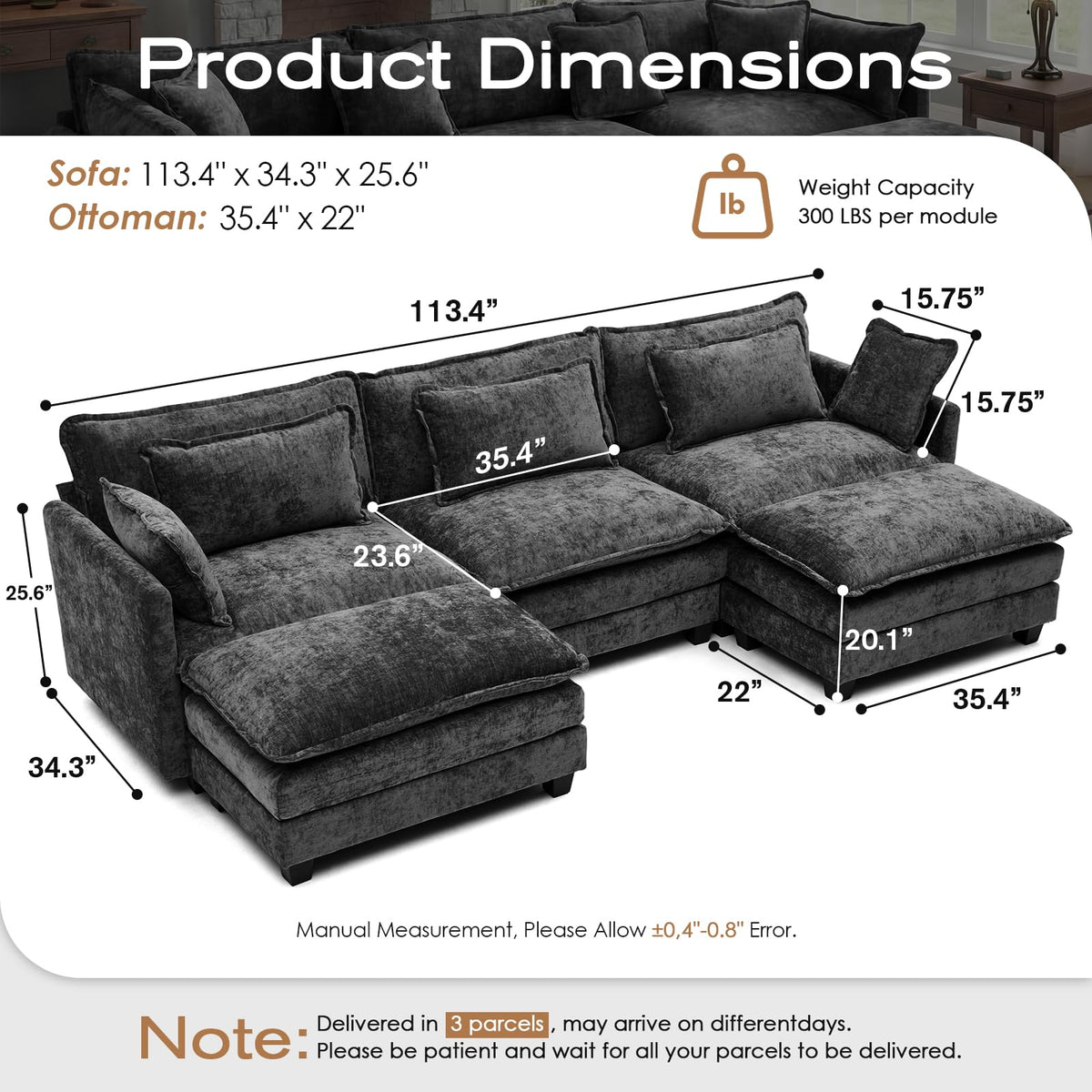 113.4" U-Shaped Modular Sectional Sofa with Ottoman