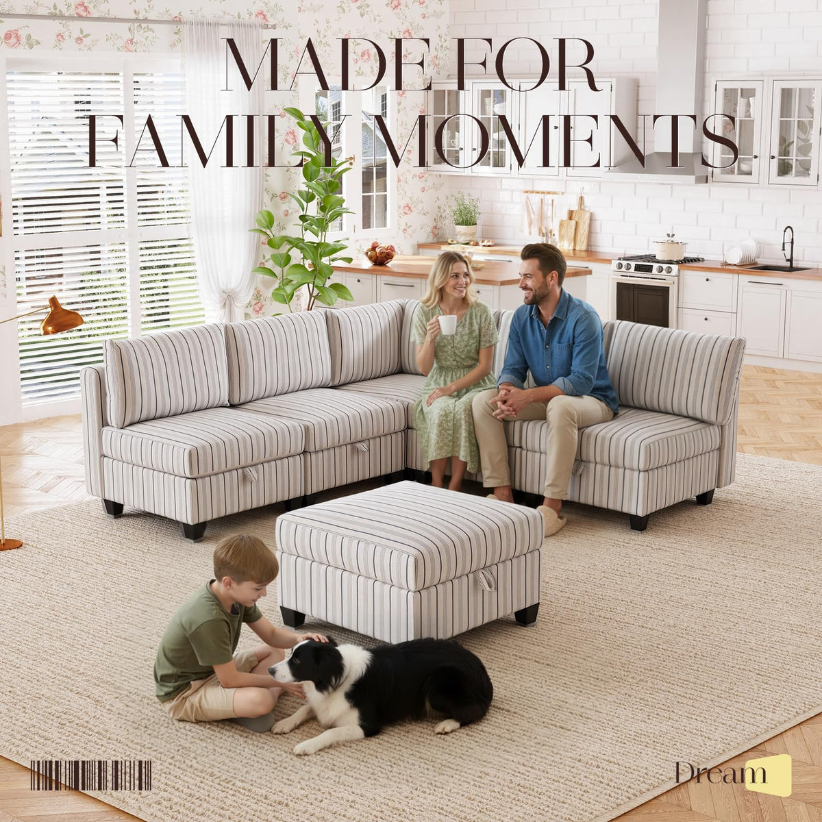 125" Oversized Modular 6 Seater Sofa with Removable Cover and Storage, Convertible U, L-Shaped Sofa, Modern Striped Fabric Couch with Movable Ottoman for Living Room, Apartment