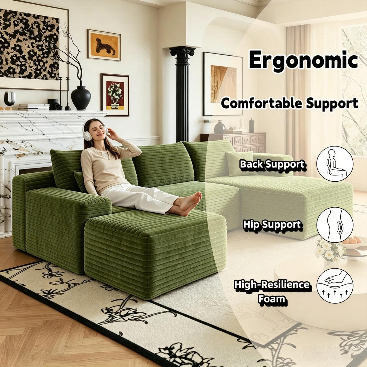 103" U Shaped Cloud Modular Boneless Sectional Couch Right Chaise, Green