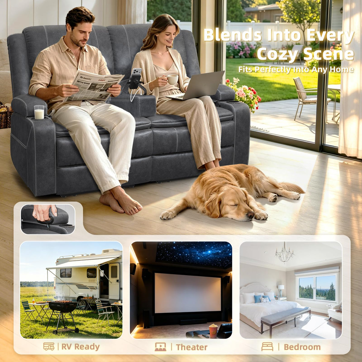 Yolsali Loveseat Recliner Sofa, RV Loveseat Wall Hugger (Velvet,Grey)