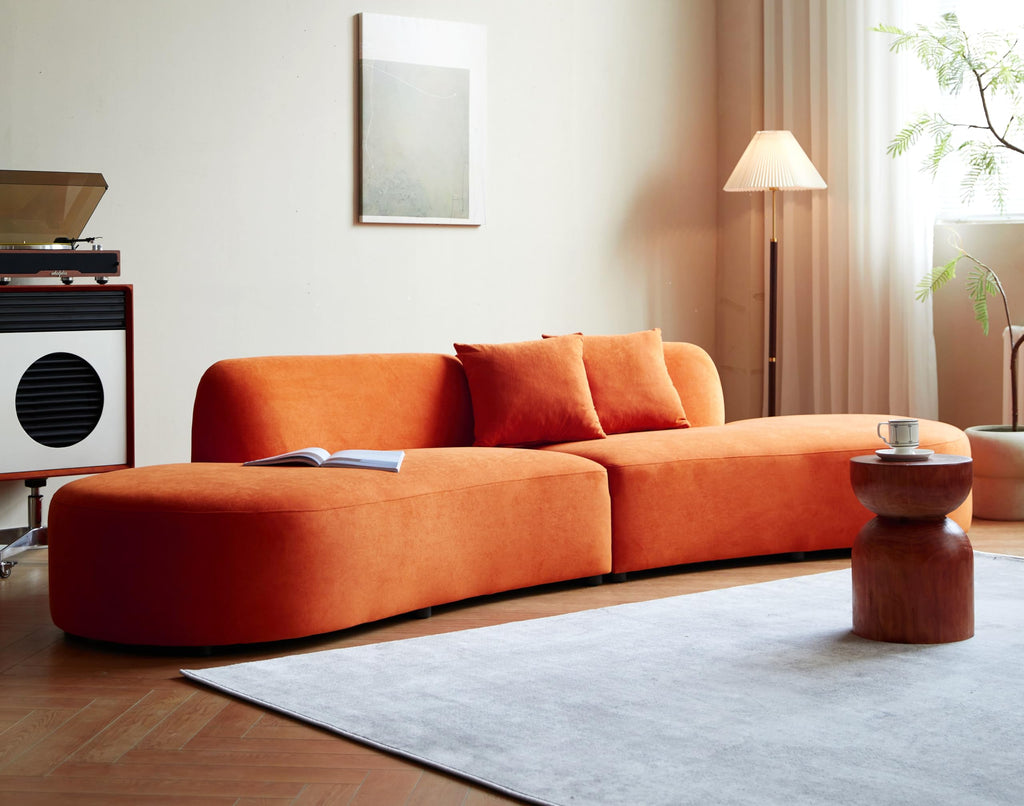 WILLIAMSPACE 132" Oversize Curved Sofa Couch for Living Room, Modern Luxury 2 Pieces Upholstered Cloud Sofa Curved Couch with Half Moon Design, Velvet 6 Seater Sofa for Apartment, No Assembly, Orange