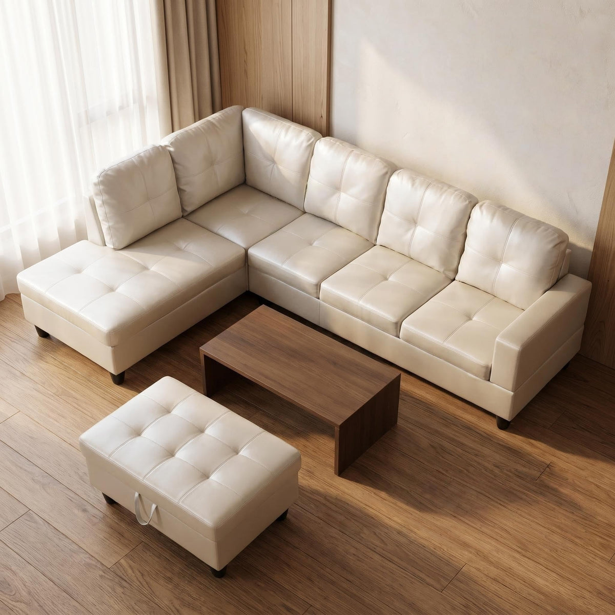 103.5" Sectional Couch with Movable Ottoman, L Shaped 4 Seater PU Faux Leather Sofa w/Chaise Lounge, Comfy Modern Modular Couch for Living Room, Apartment, White Stripes, Right, 3PCS