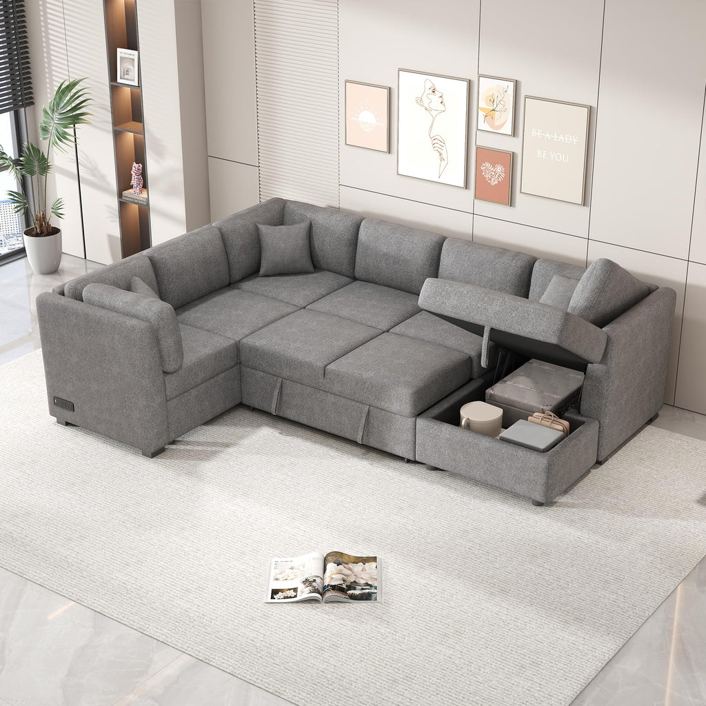 U-Shaped Sectional Sofa Bed with USB Ports, Power Sockets, Storage Chaise, and Pillows for Modern Living Room, Light Gray