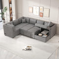 U-Shaped Sectional Sofa Bed with USB Ports, Power Sockets, Storage Chaise, and Pillows for Modern Living Room, Light Gray