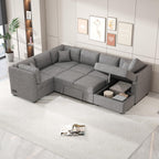 U-Shaped Sectional Sofa Bed with USB Ports, Power Sockets, Storage Chaise, and Pillows for Modern Living Room, Light Gray