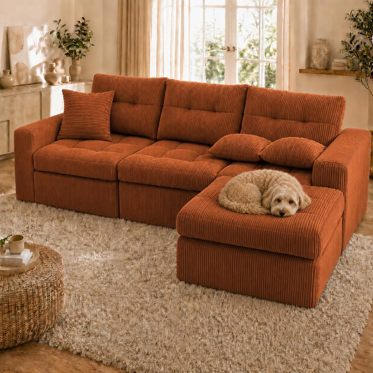113.4 in Modular Corduroy Sectional Sofa, Green