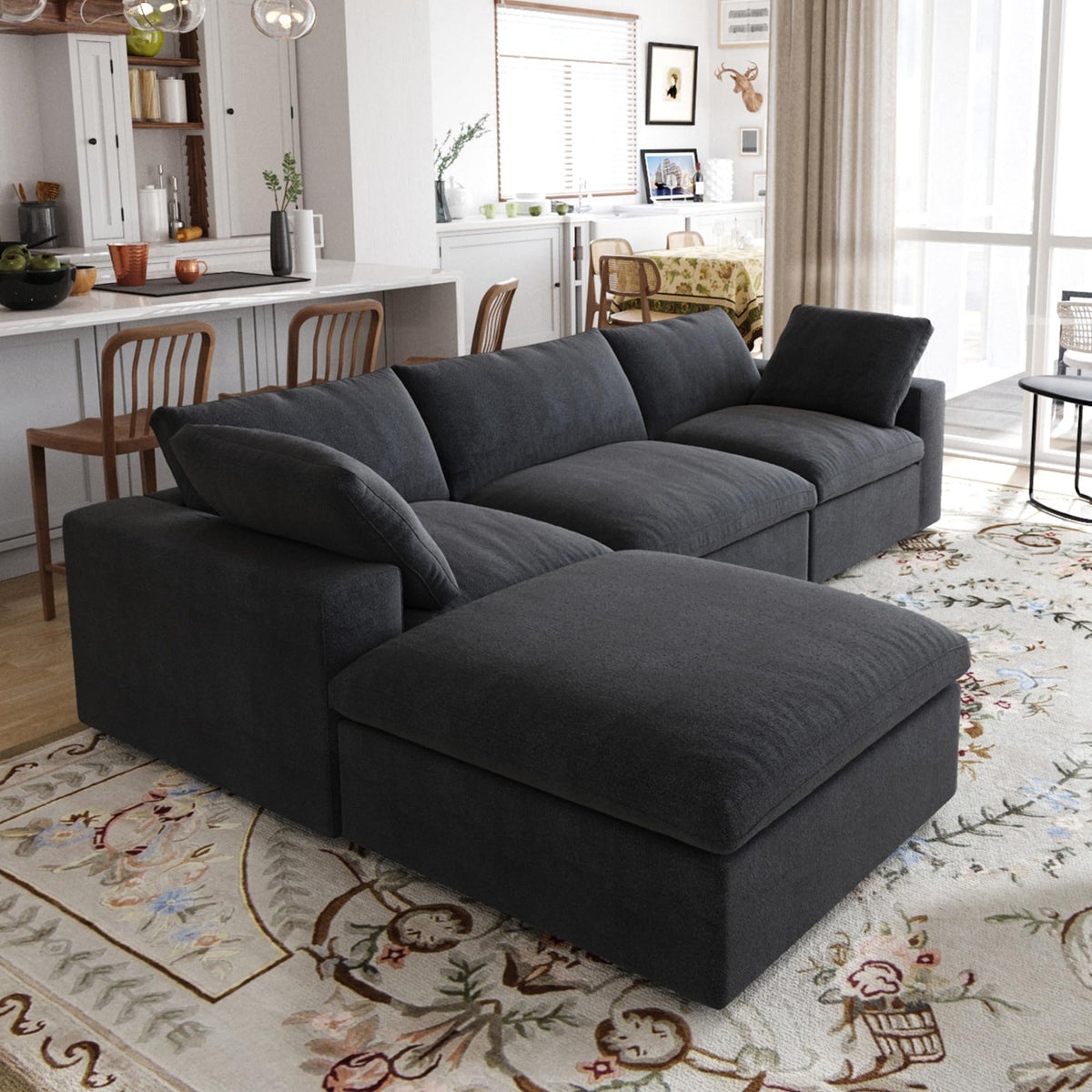 118" Modular Sectional Sofa, L Shaped Sectional Couch with Storage Ottoman, Deep Seat Linen Blend Sofa with Removable Covers for Living Room Apartment, Khaki