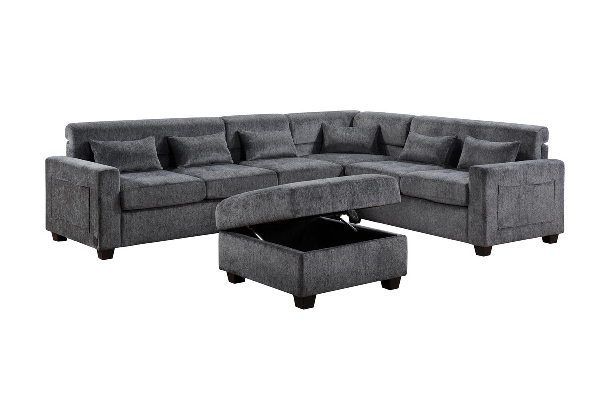 Trey Gray Chenille Sectional Sofa with Adjustable Backrest, USB Charging Ports, Storage Ottoman, and Throw Pillows for Modern Living Room