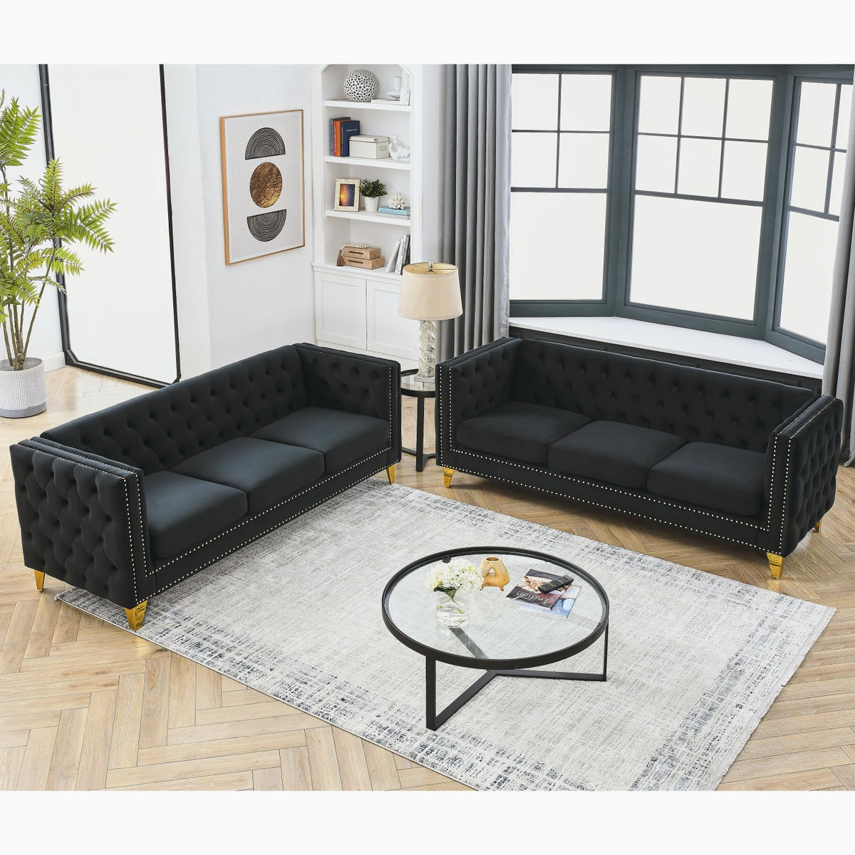 Velvet Sofa for Living Room Black Classic Chesterfield Room, Bedroom, Office Elegant