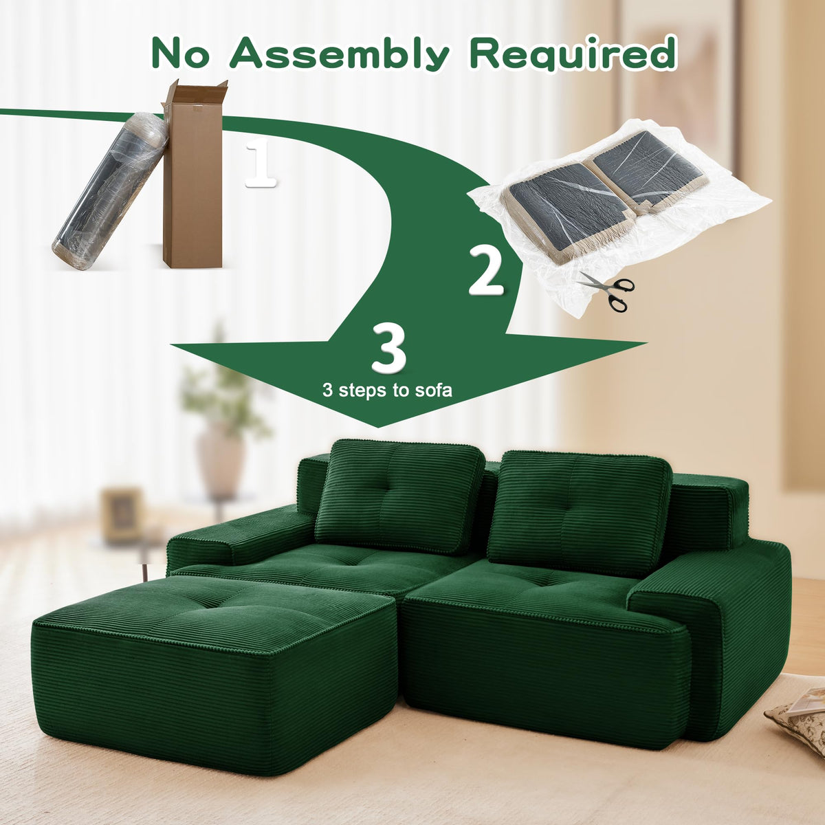 Tidyard 8? Modern L-Shaped Modular Sectional Sofa for Living Room, Corduroy Fabric 2-Seater with Deep Seat, Movable Ottoman, Tufted Design, No Assembly, Anti-Slip Base, Green