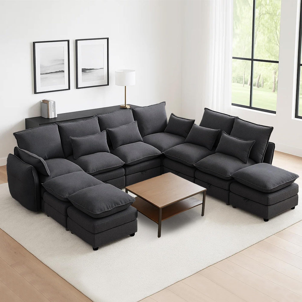 114" Modular Sectional Sofa, Sectional Couches for Living Room, U Shaped Cloud Couch with Storage, Waterproof, Wide and Deep Seat, 6 Seats 2 Ottomans (Black)