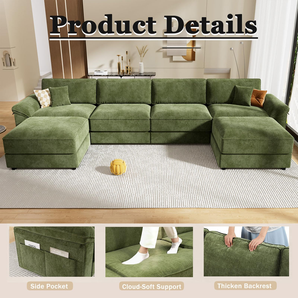 Vipbear 150" Modular Sectional Sofa, U Shaped Cloud Couch with 2 Ottomans
