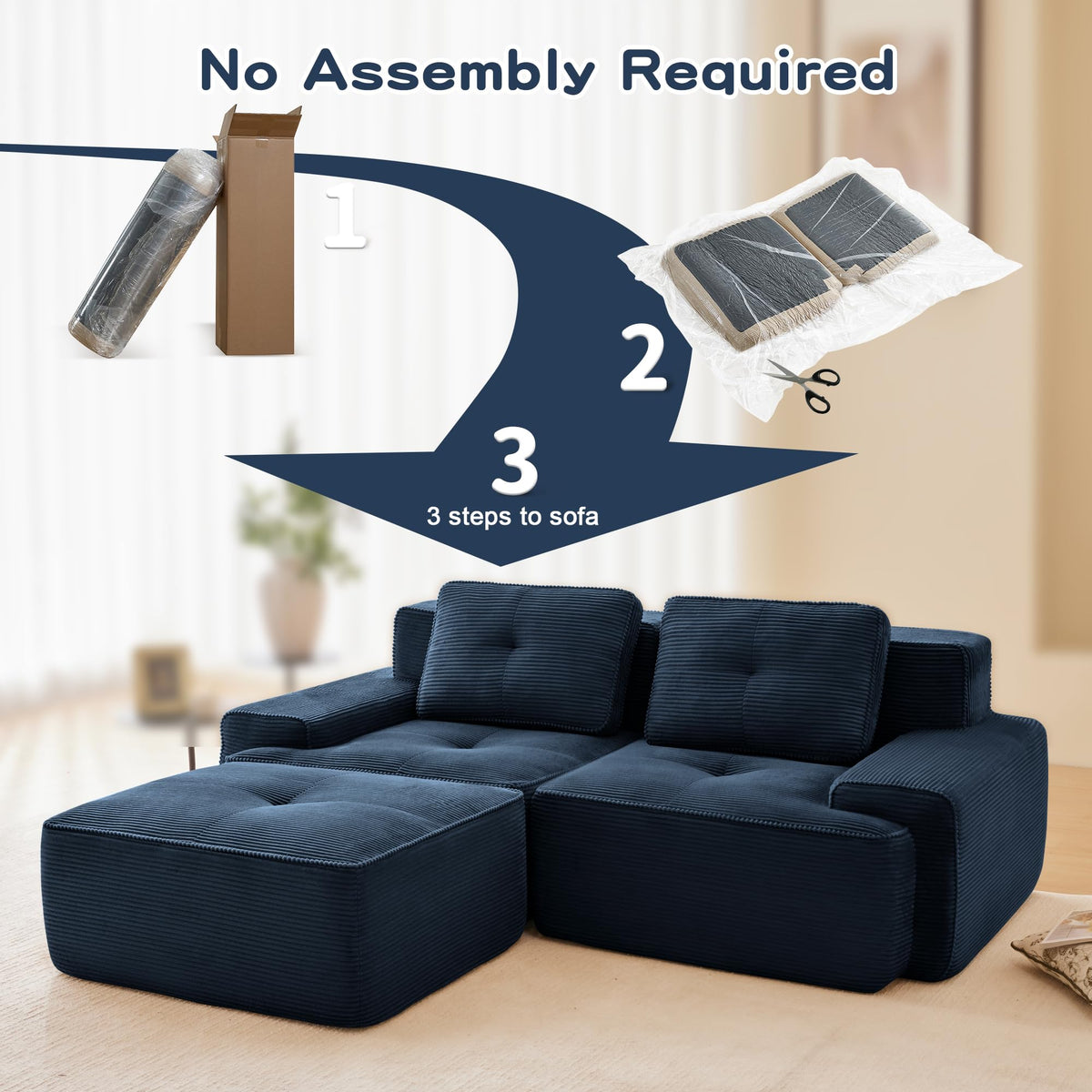 Tidyard 8? Modern L-Shaped Modular Sectional Sofa for Living Room, Corduroy Fabric 2-Seater with Movable Ottoman, Deep Seat, Tufted Design, No Assembly, Anti-Slip Base, Blue