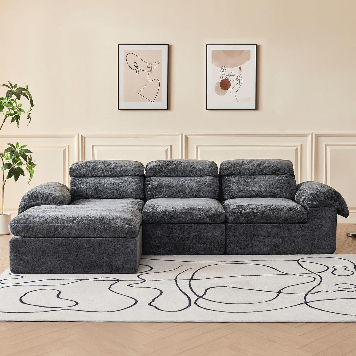 115.7" L Shaped Modular Sectional Sofa with Ottoman, Cloud Boneless Couch, Upholstered Sofa in a Box, Flexible Module Combination for Living Room, No Assembly, Grey