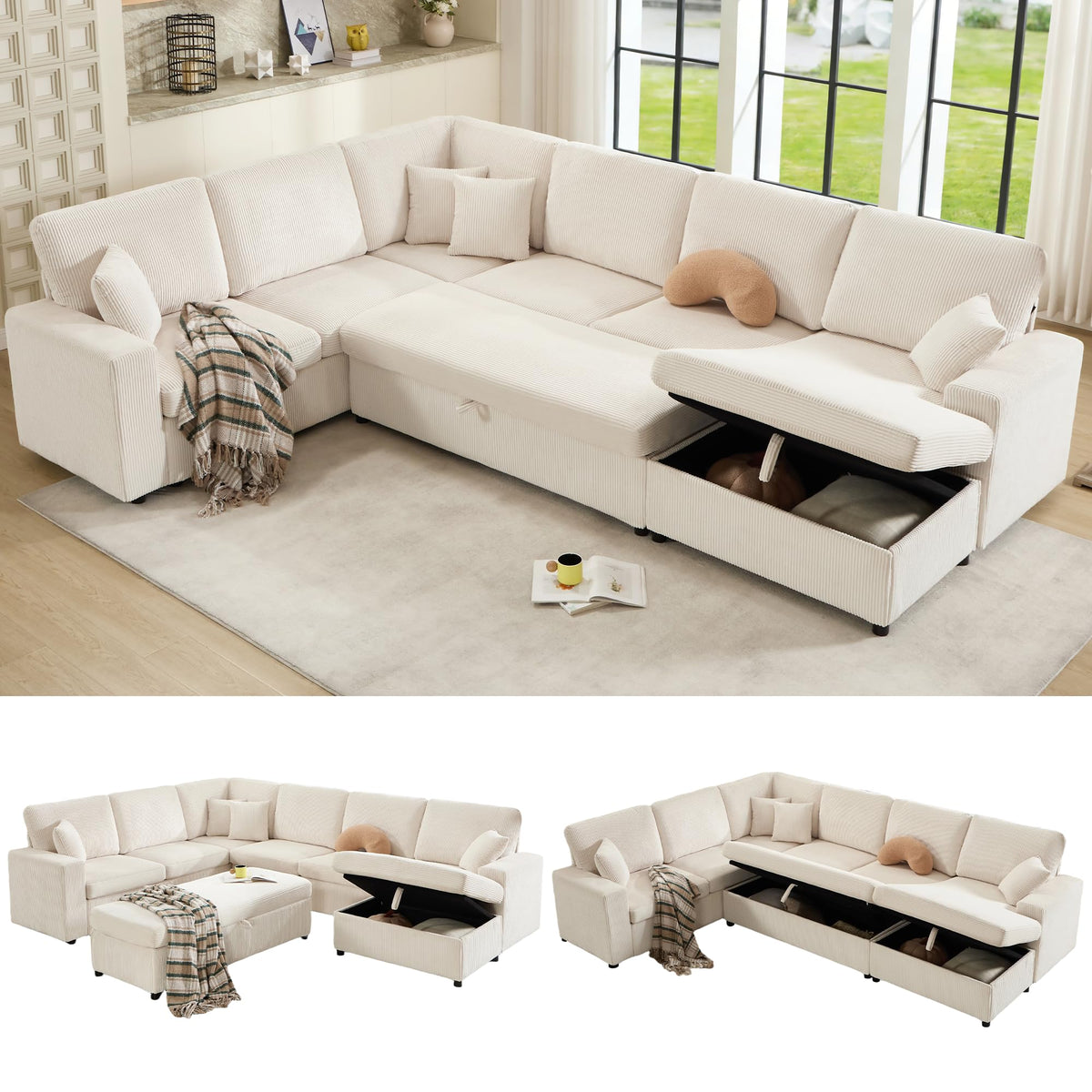 130" Sectional Couches for Living Room,Sectional Couch with Storage,Black