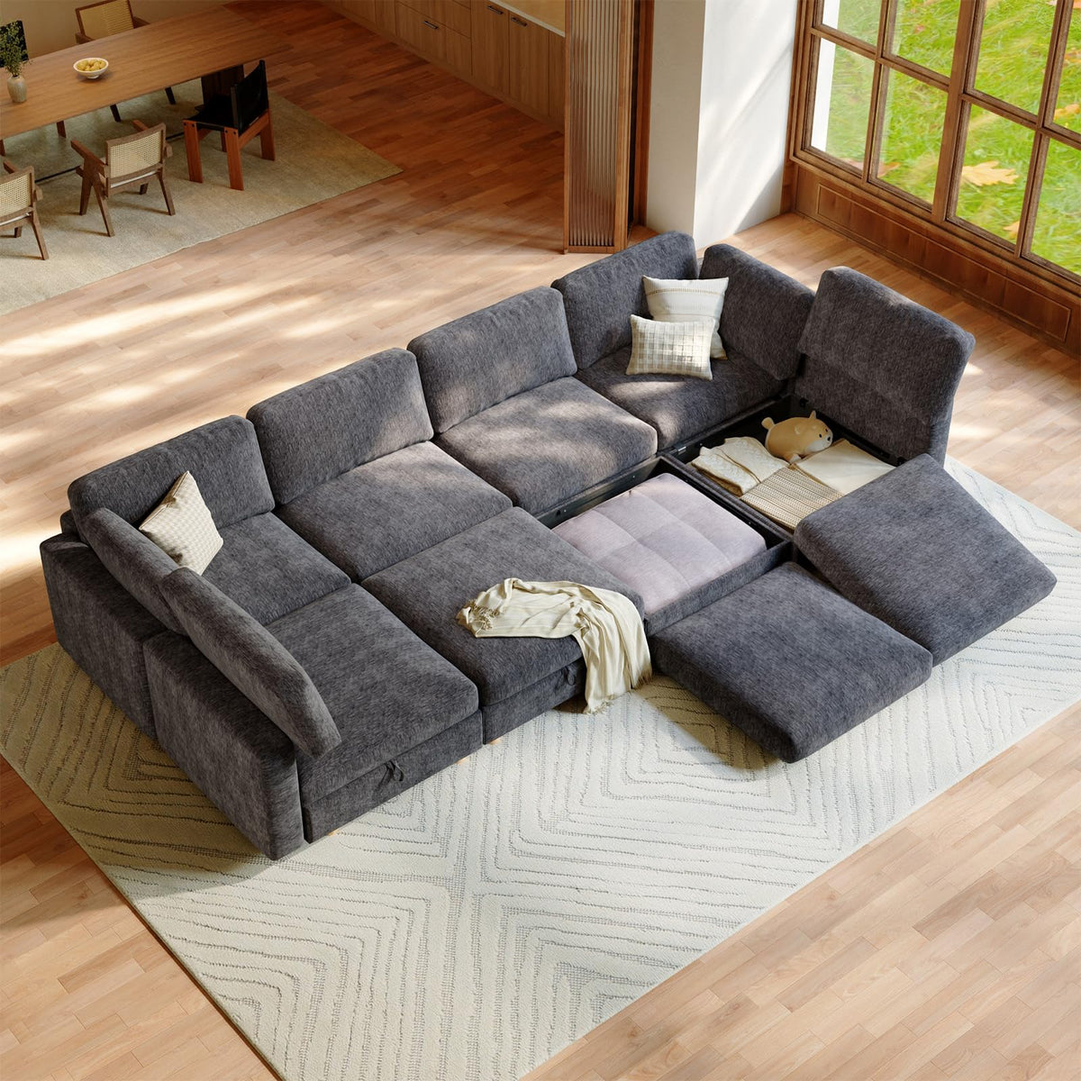 132" 8 Seat Modular Sectional Sofa Bed with Storage,Oversized Sleeper Couch Convertible L Shaped Couch with Movable Ottoman, Modern Style Sectional Couches for Living Room,Grey
