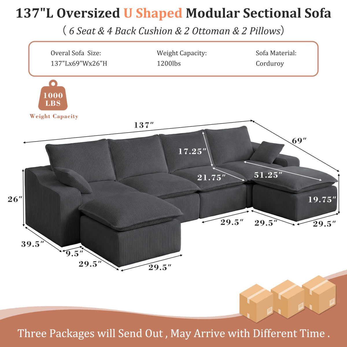 Vipbear 137" Modular Cloud Couch, No Assembly, Memory Boneless Sectional Sofa with Ottomans & Deeper Seat, Corduroy U-Shaped Comfy Modular Sofa for Living Room, Grey
