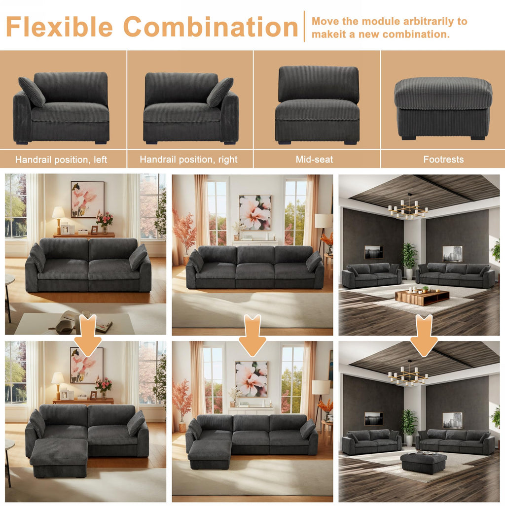 130" Sectional Couches for Living Room Boneless Couch Upholstered Cloud Couch Sectional Modular Sectional Sofa with L Shaped (Dark Grey, 3 Seat+1 Ottoman)