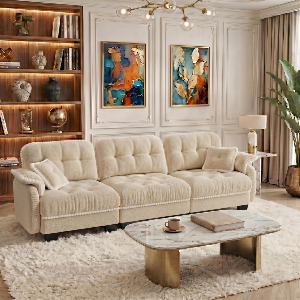 100.7" Chenille Cloud 3-Seater Sofa, Tufted Deep Seat Couch with Pom-Pom Trim & 4 Pillows, Ergonomic Easy Assembly Modular Sofa for Living Room & Apartment（Green ）