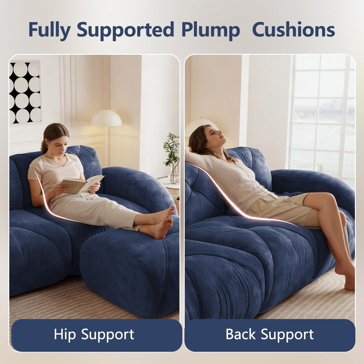 U-Shaped Boneless Sofa, Tufted 32d High Density Sponge Bottom, Anti-Slip Design, No Assembly Required, Free Combination, Movable Ottomans for Living Rooms, Home Theater, Blue