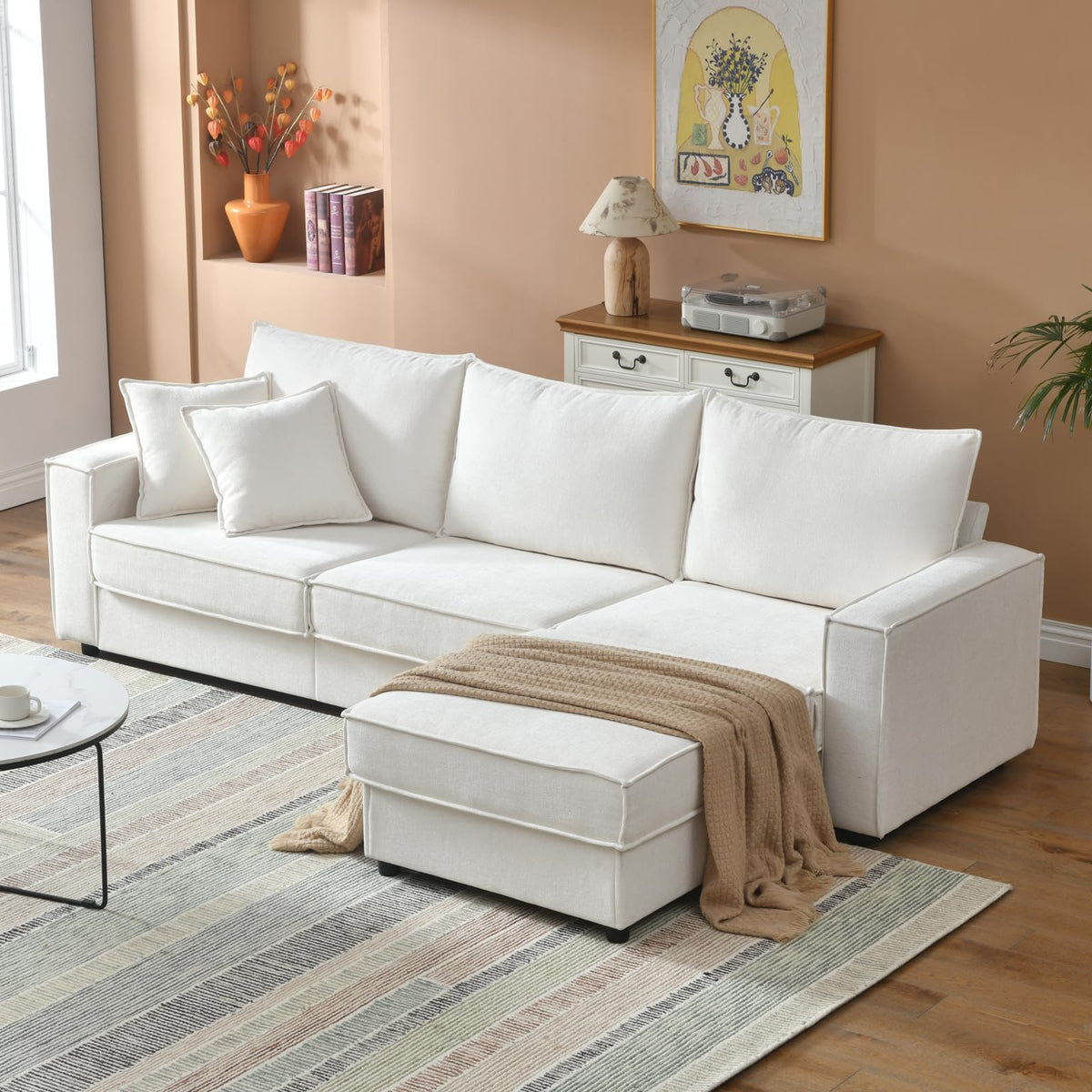 YUHUASHI 108.5″Wide L-Shaped Sofa with Removable Cushions Movable Footstool