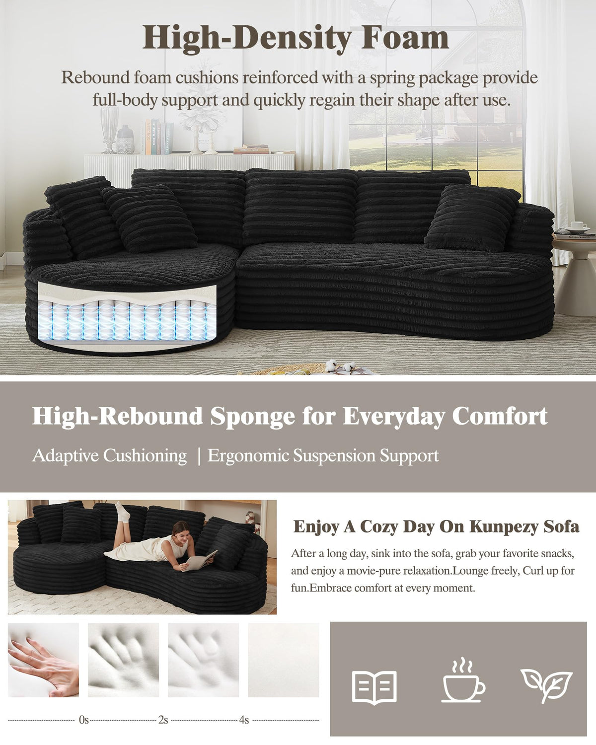 121 inch Boneless Cloud Modular Sectional Couch, Wide Curved L Shaped Sofa with Chaise | Corduroy Fabric | Compressed Foam Sofa for Living Room | No Assembly Black