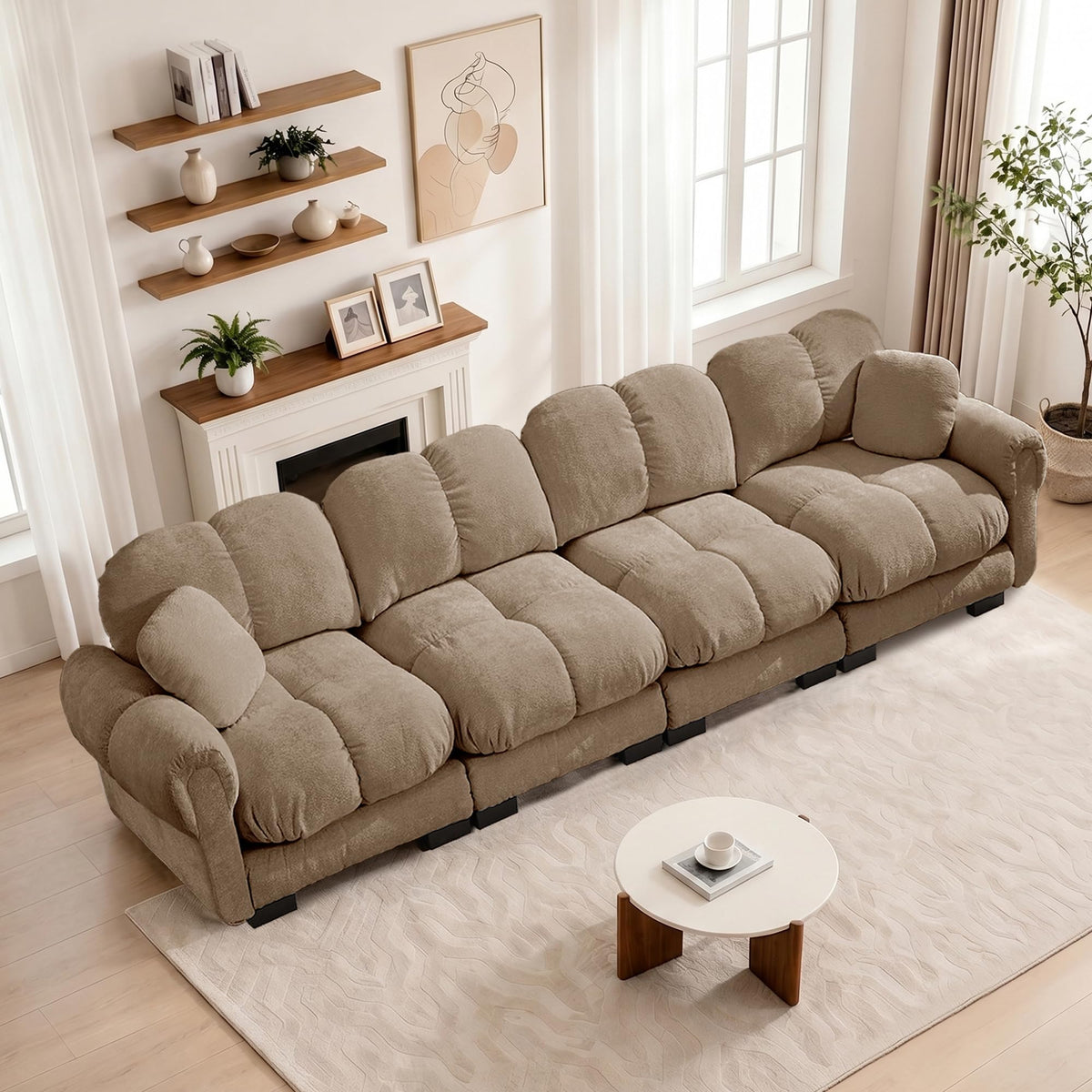 103.9" Modular Cloud Couch, Oversize U-Shaped Sectional Sofa with Ottoman, Deep Seat Chenille Couch, Anti-Slip Design, Modern 3-Seater Sofa for Living Room/Apartment/Bedroom, Brown