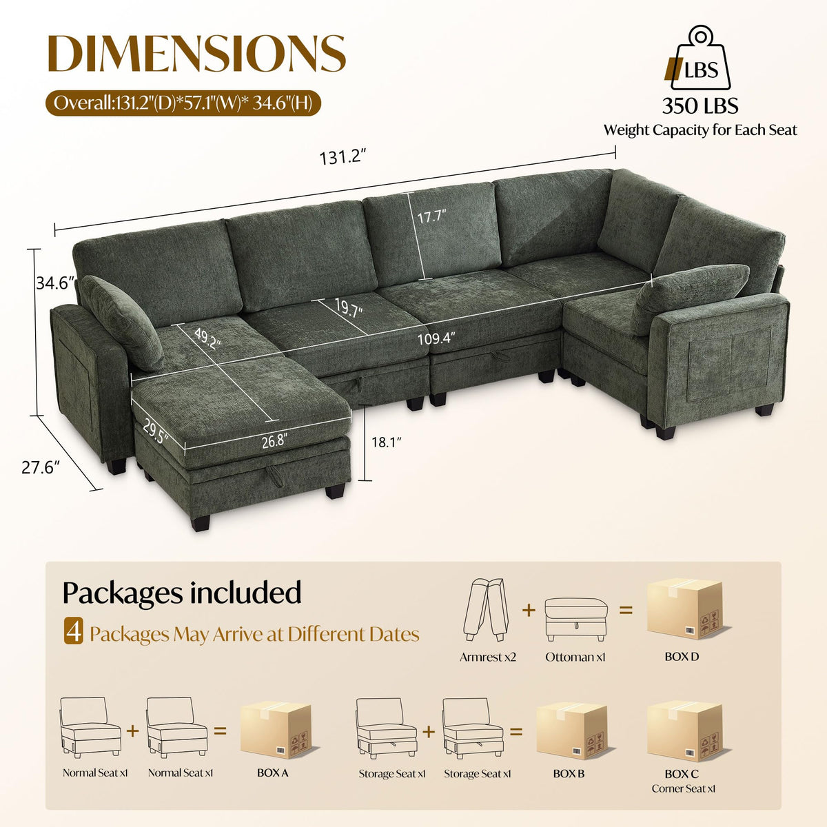 131.2" Storage Modular Sectional Sofa, Chenille Cloud Couch with Storage Ottoman, Deep Seat Sectional Couch with Removable Covers, Side Pocket, Armrest Pillow for Living Room, Green