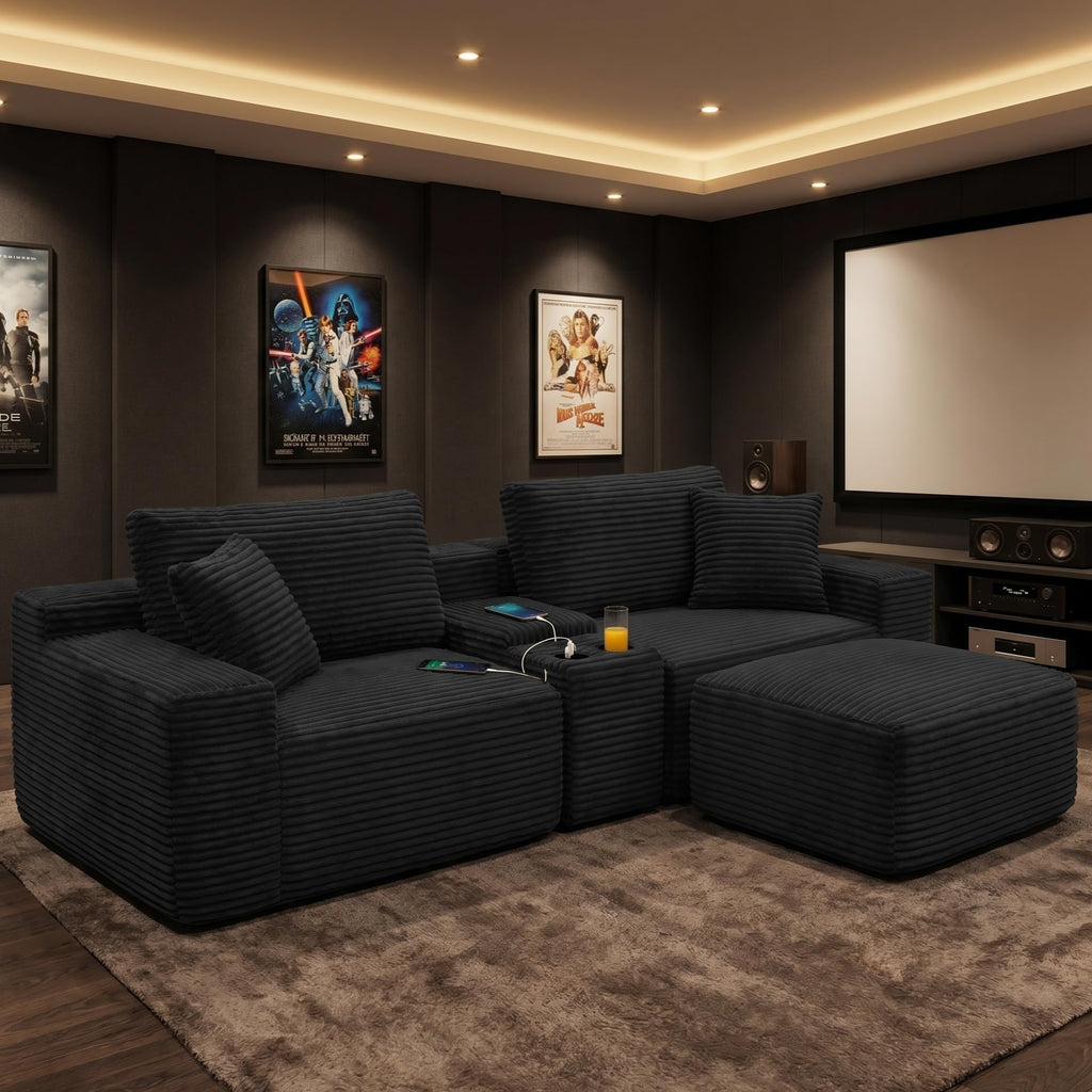 111" L Shape Boneless Couch with Cup Holders & USB Ports, 3 Seater Sectional Modular Couch with Storage Ottoman, Compressed Sofa Boneless Loveseat with for Living Room & Apartment, Jet Black