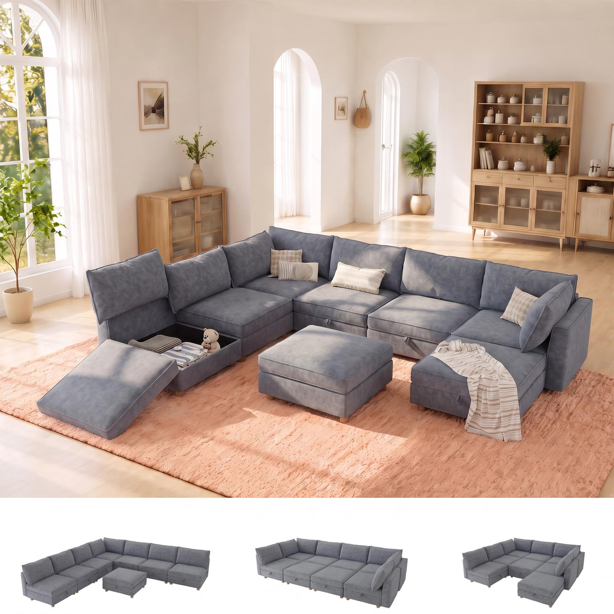 128'' Modular Sectional Sofa,8 Seat Chenille Sectional Sofa with Washable Covers,FSC Certified Modern Sectional Sofa with Storage & Ottoman,Convertible U/L Shaped Couch,Beige Couches for Living Room