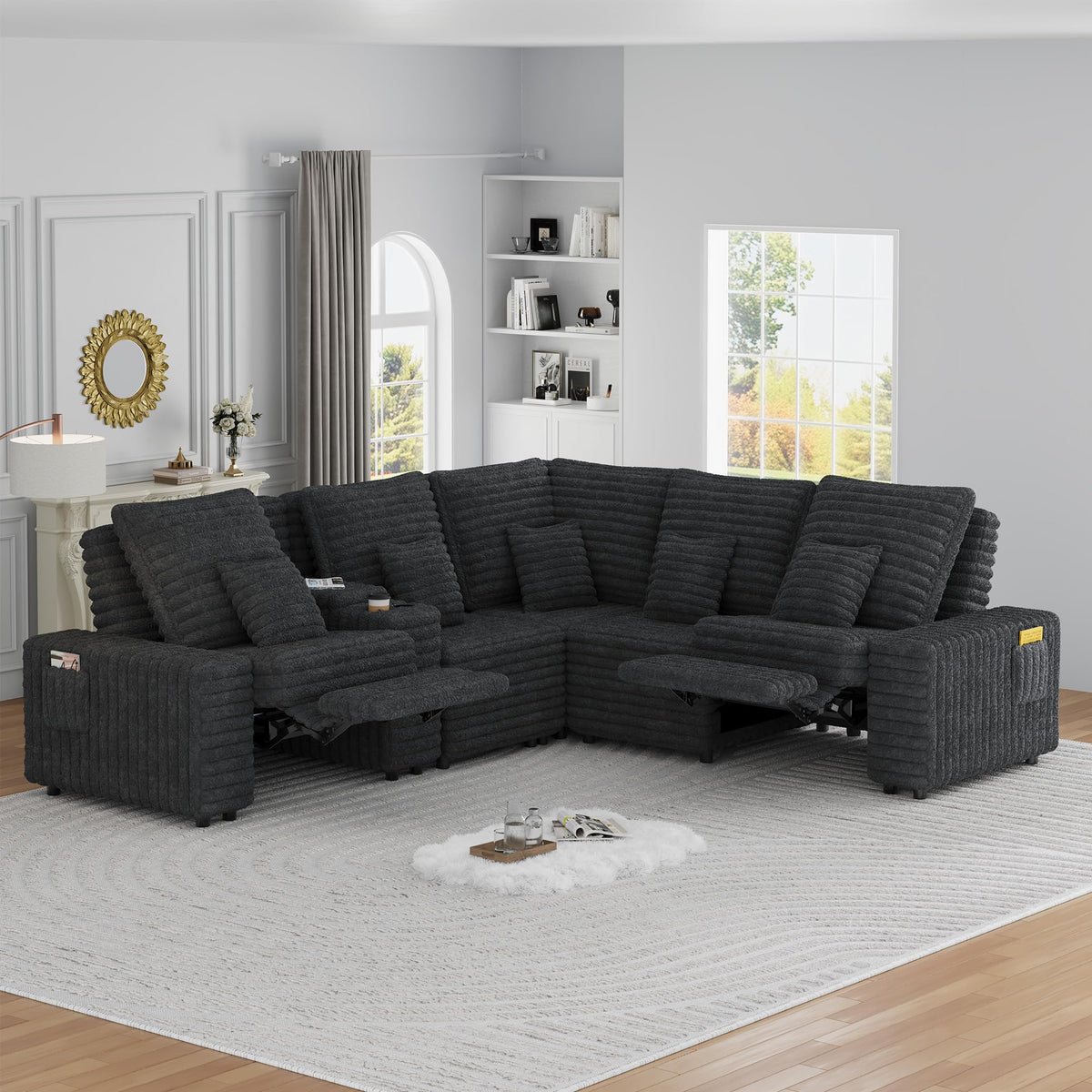Wrofly 5-Seat L-Shaped Power Reclining Sectional with Console, Camel