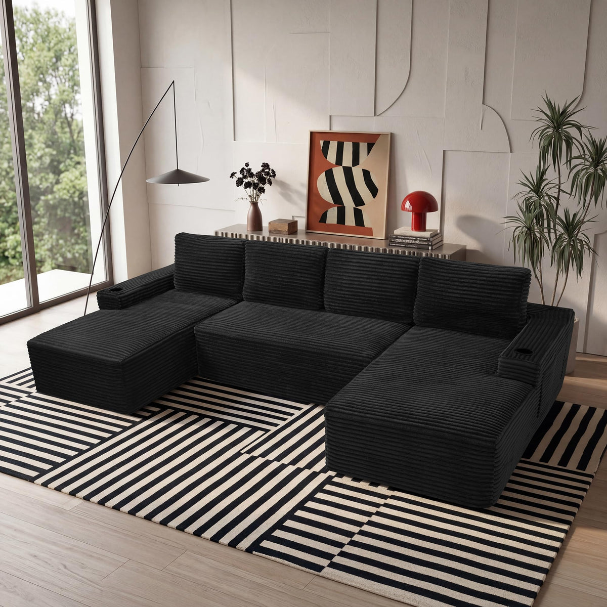 133" Oversized U-Shaped Cloud Modular Sectional Sofa Couches with Double Chaise, Corduroy Boneless Couch with Cupholders, High-Density Foam Floor Sofa for Living Room, No Assembly Required