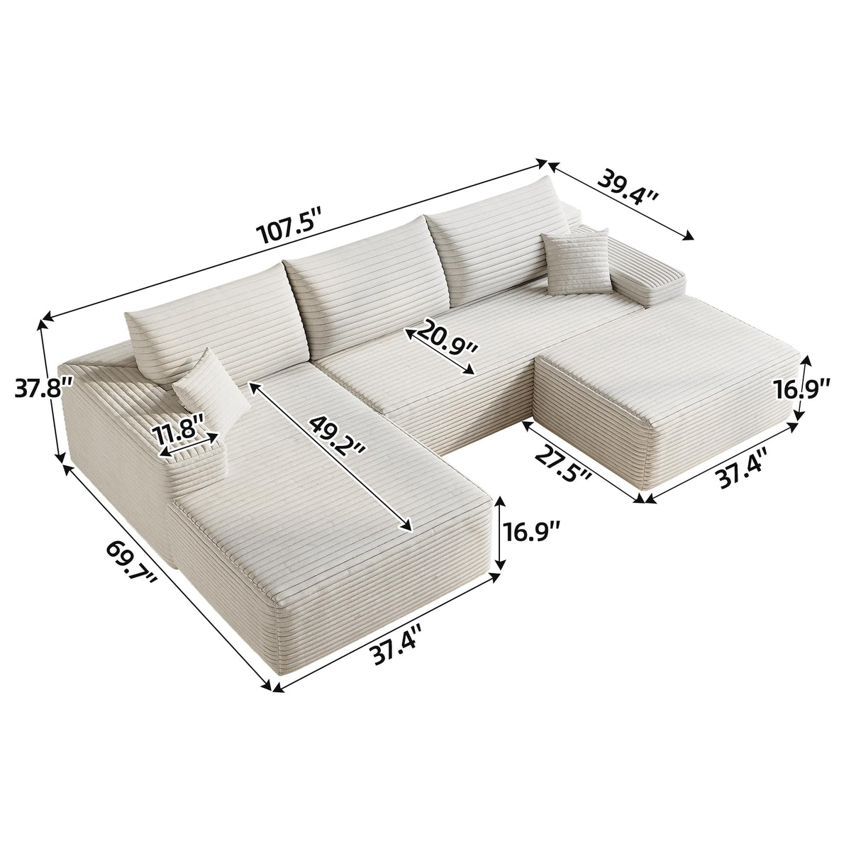 107" Plush Corduroy Deep Seat Chaise Lounge Indoo, Modern Boneless Compressed Floor Sectional Sofa with High-Resilience Foam, Free Combination Modular Cloud Sectional Sofa for Living Room, White