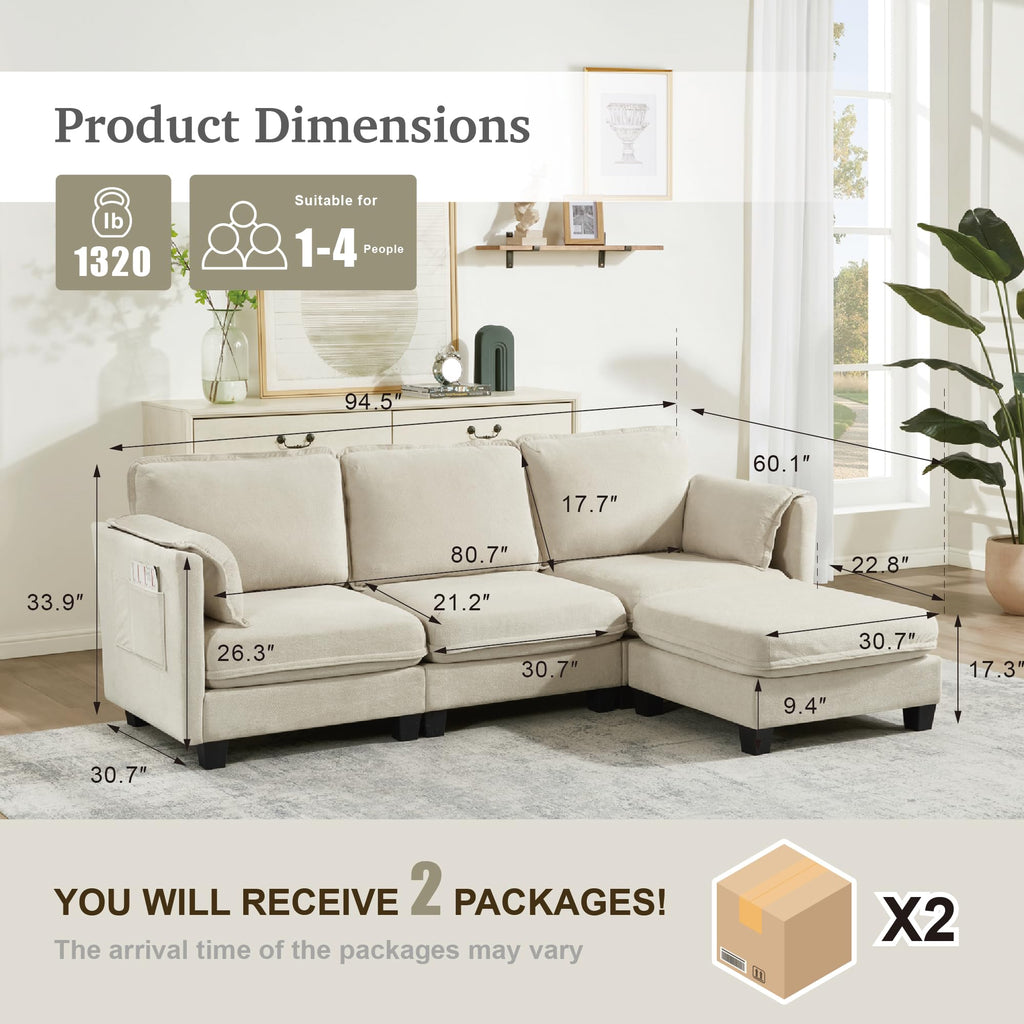 VidaNaticle 95" Boneless Modular Sectional Cloud Couch, Beige