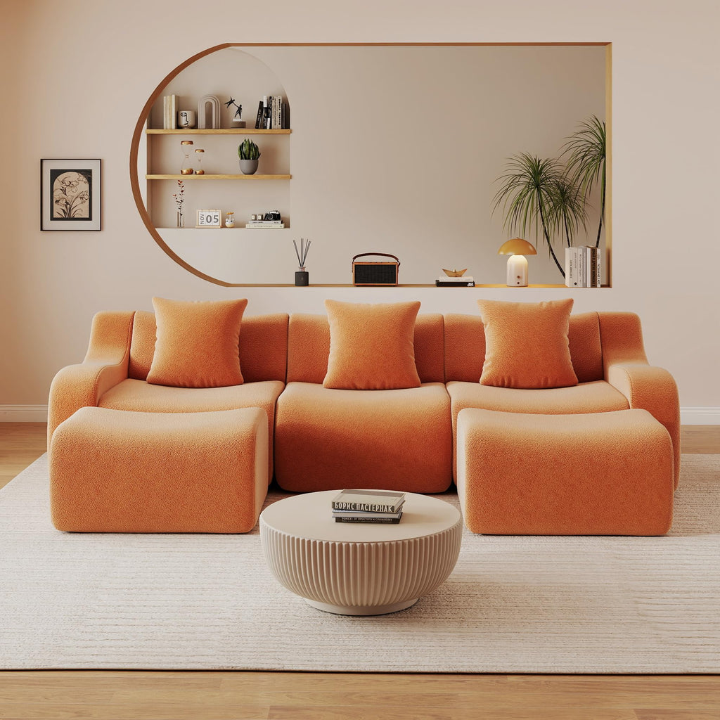 115.3" Modular Sectional Couches for Living Room, Teddy Deep Seat Sofa, 3 Seater Boneless Couch with 2 Ottoman,Orange