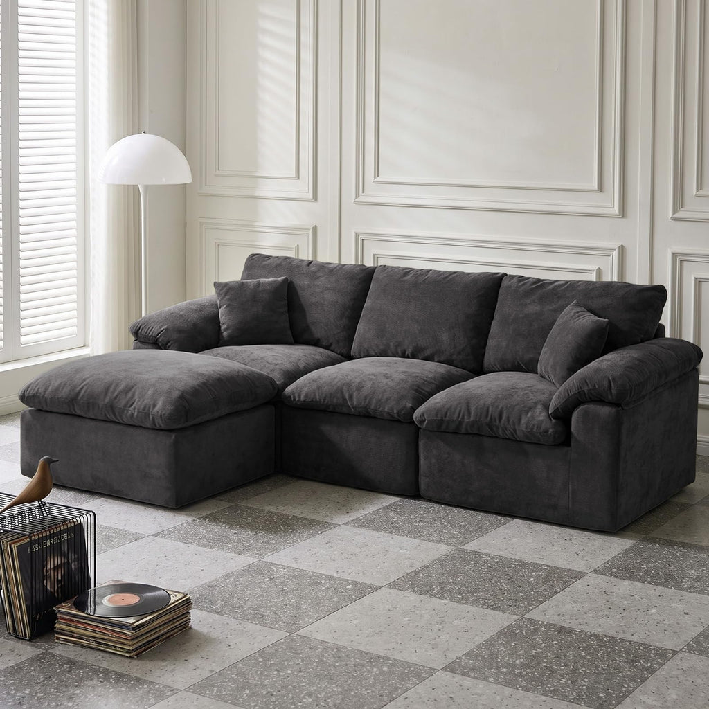 130" Oversized Boneless Sofa, Movable Ottoman, Chenille, No Assembly, Black
